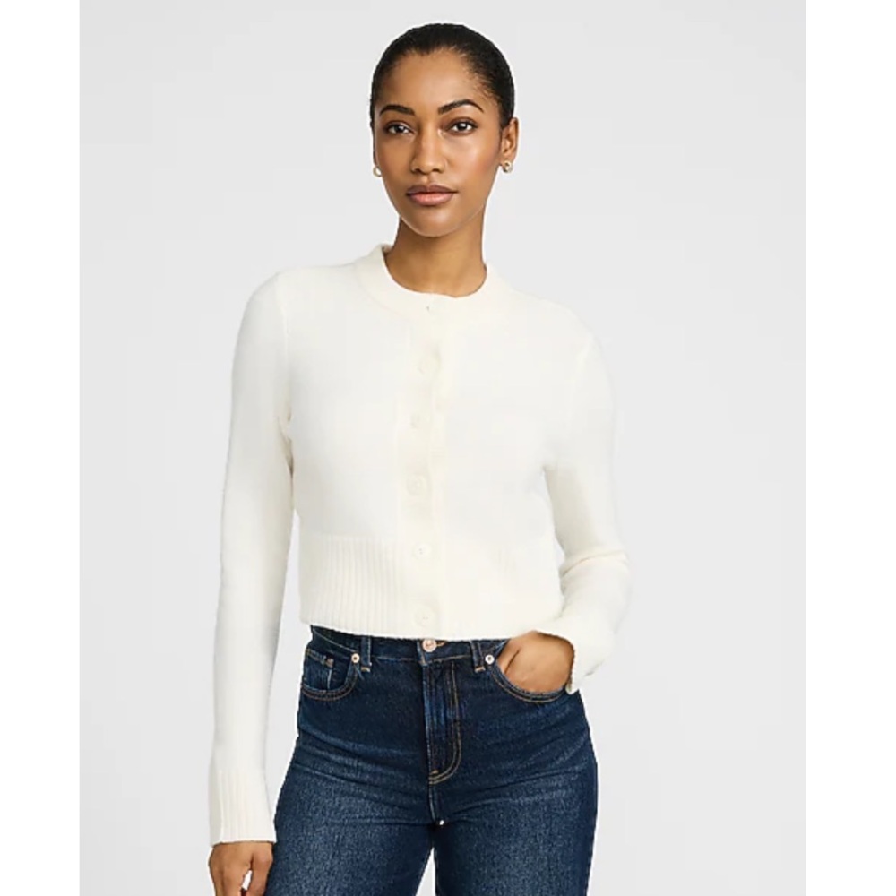 Express Cropped Button-Up Crewneck Cardigan Knit Sweater Ivory Medium
